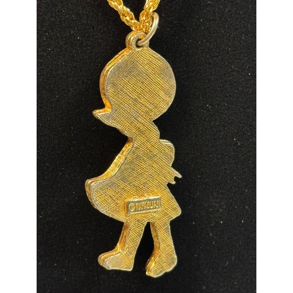 Vintage Pendant Necklace Rafaelian Bonnett Girl Green April Enamel on Gold Tone - Picture 4 of 6